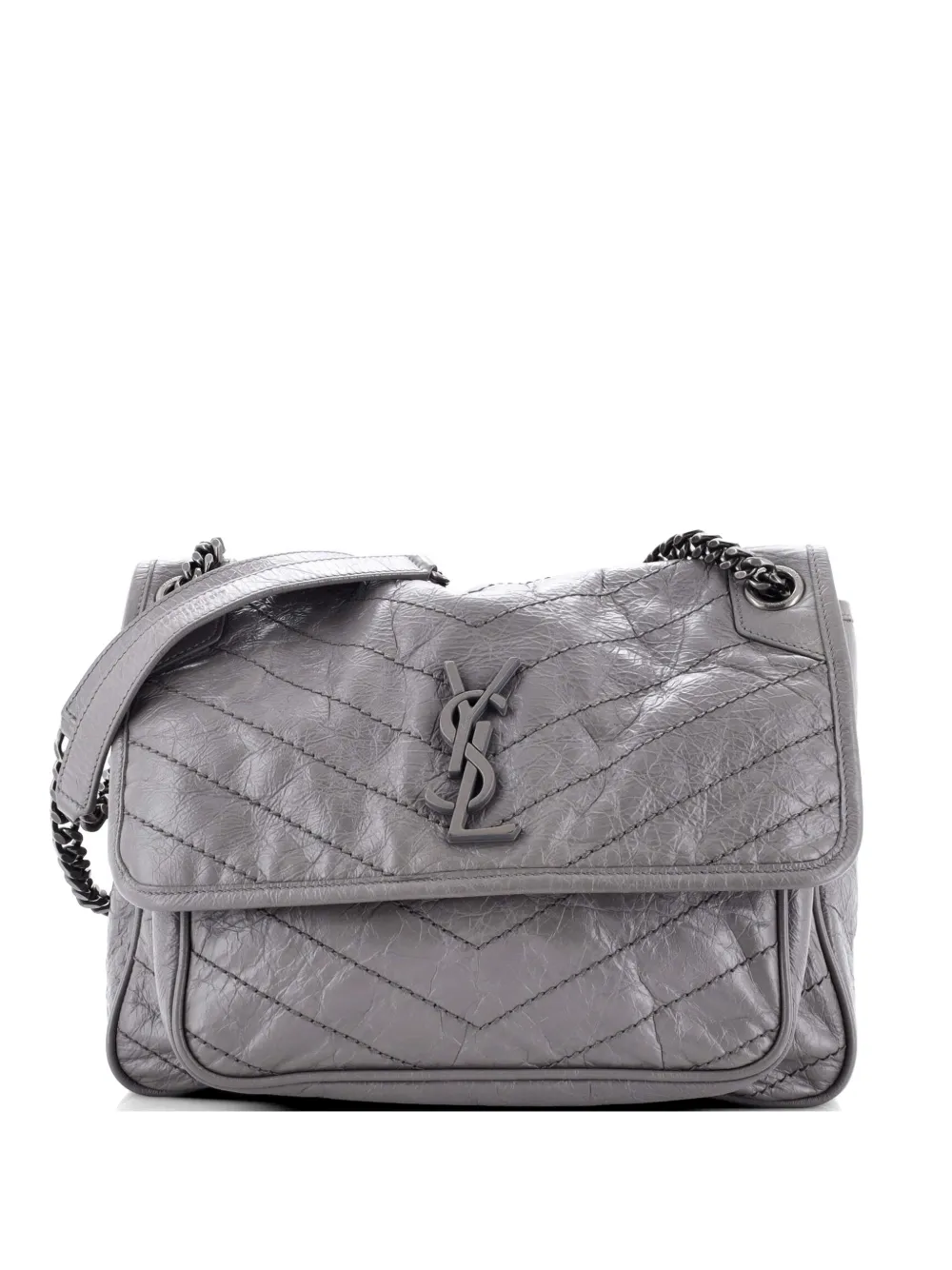 Saint Laurent Pre-Owned Borsa a spalla Niki media in pelle matelassé con motivo chevron con catena e battente - Grigio