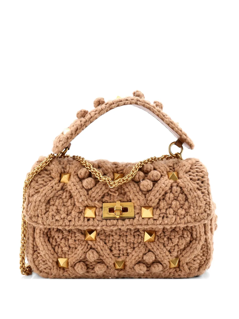 Pre-owned Valentino Garavani Roman Stud Flap Bag Knit Crochet Large Satchel In Brown