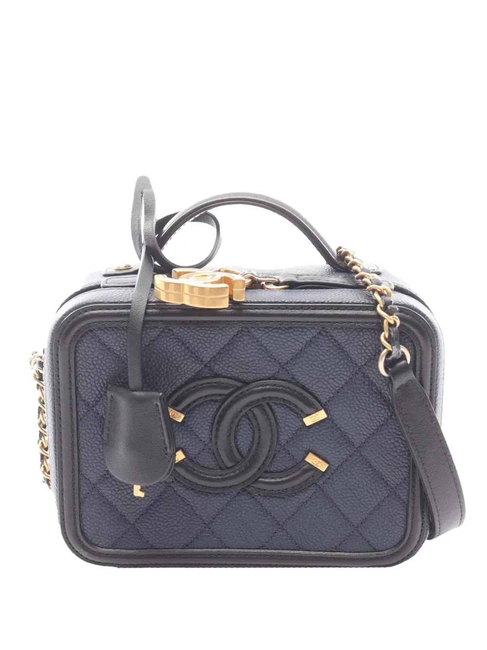 Pre-owned Chanel 2016-2017 Small Bicolor Caviar Cc Filigree Vanity Case Satchel In Blue