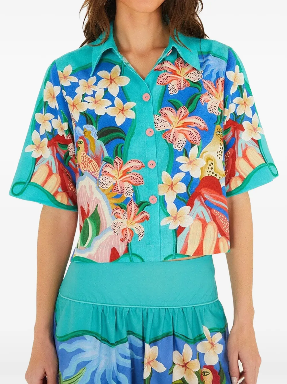 FARM Rio Garden of Life floral-print cropped shirt - Blau