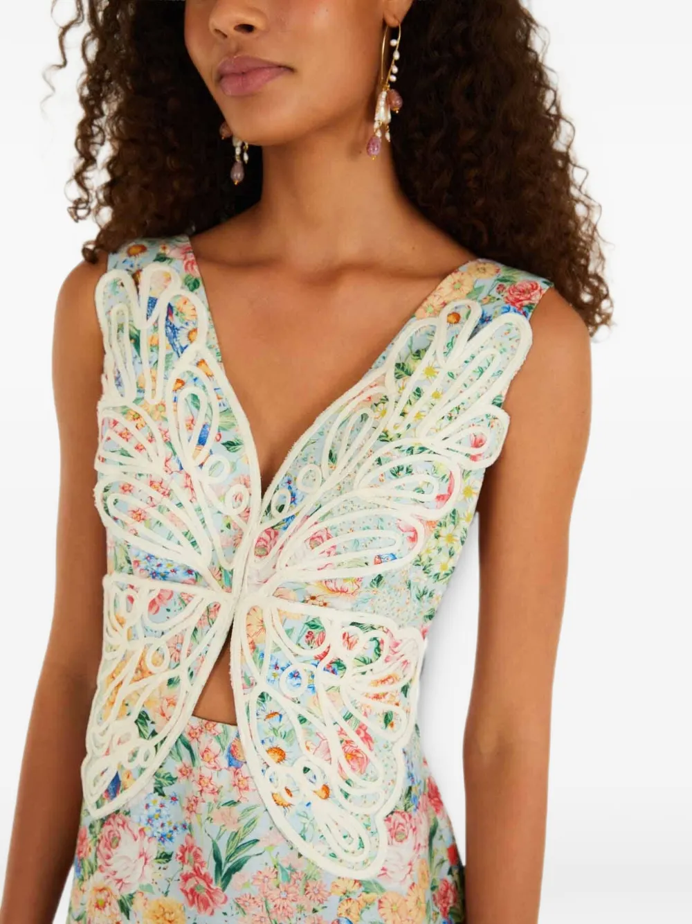 FARM Rio Rendeira midi-jurk met bloemen-print en vlinder-applicatie Blauw