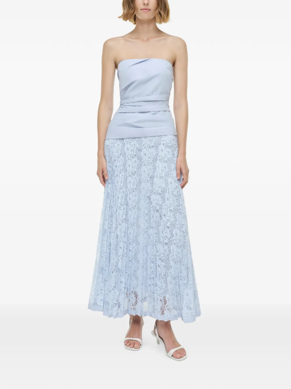 SIMKHAI Annalise lace-panelled strapless maxi dress Blauw
