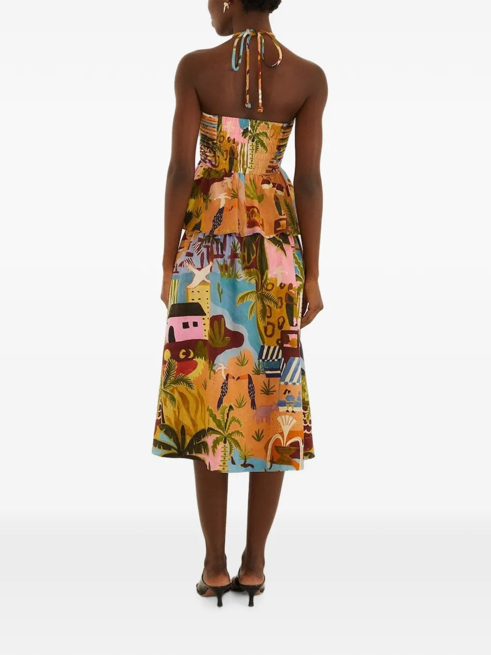 FARM Rio Tropical Painting midi-jurk met ruches Beige
