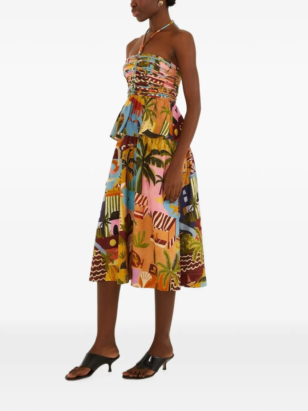 FARM Rio Tropical Painting midi-jurk met ruches Beige