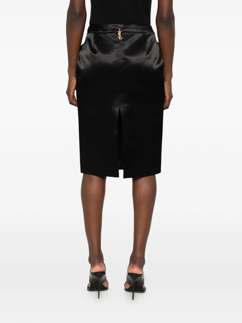 Saint Laurent Midi-rok met satijnen-effect en Cassandre bedel Zwart