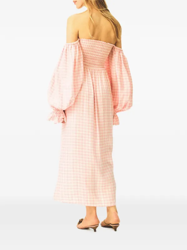 off shoulder pink midi dress Pink Off-Shoulder Eyelet Midi Dress with Ruffle Sleeves