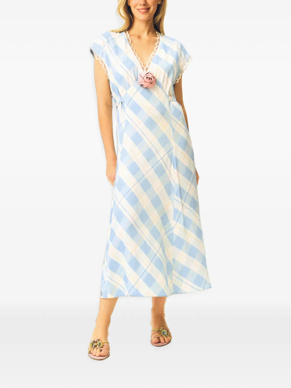  Sleeper Genus Plaid-pattern Floral-appliqué Midi Dress - Azul 