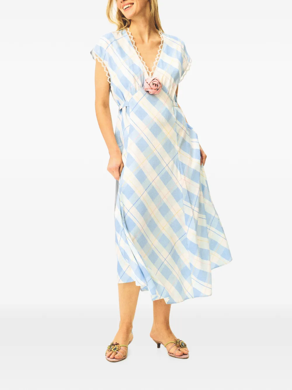 Sleeper Genus Plaid-pattern Floral-appliqué Midi Dress - Azul 
