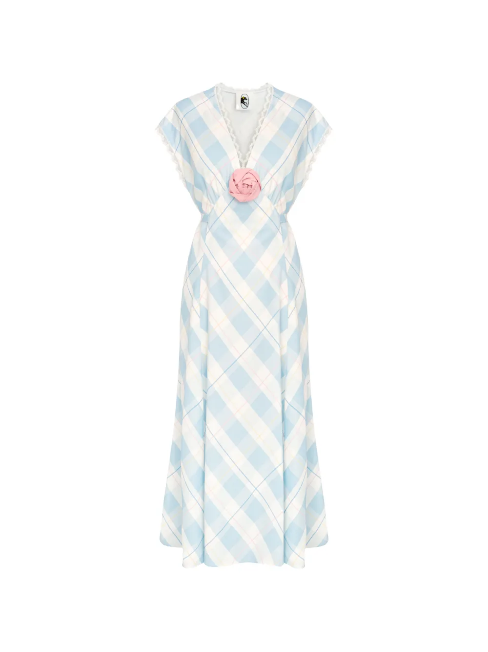 Sleeper Genus Plaid-pattern Floral-appliqué Midi Dress In Blue