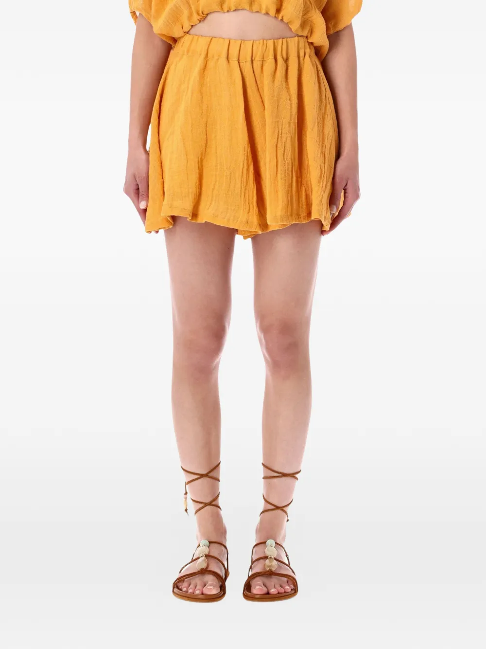 120% Lino crinkled-finish elasticated-waist shorts - Orange