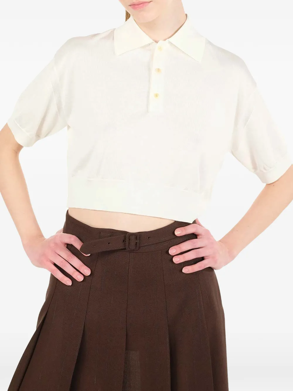 Auralee Silk Cropped Polo Shirt in Neutrals, view 5
