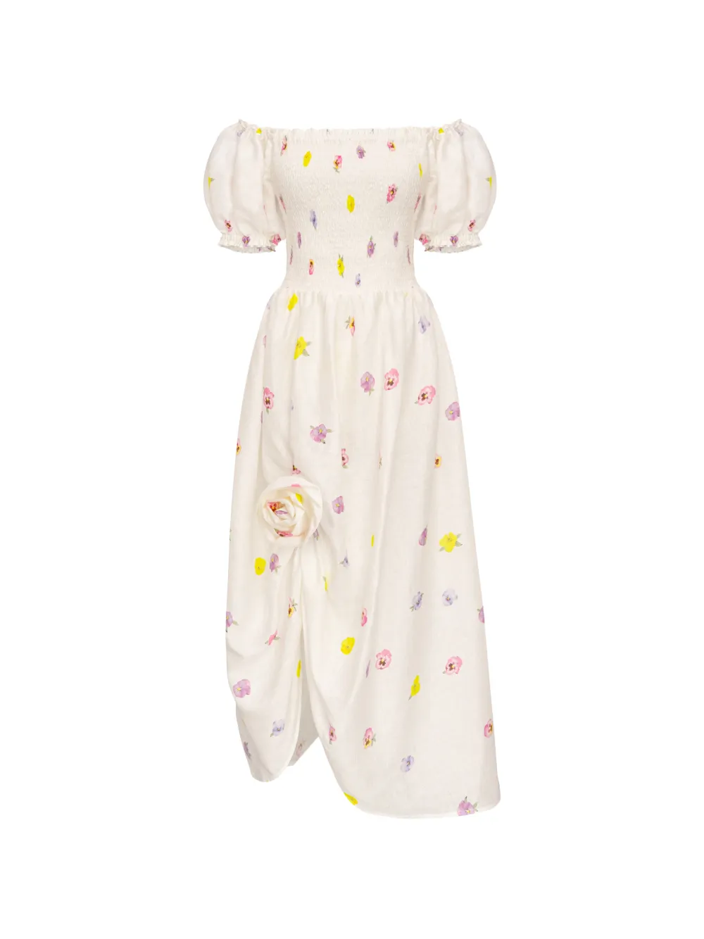 Sleeper Belle Floral-print Smocked Linen Midi Dress In White