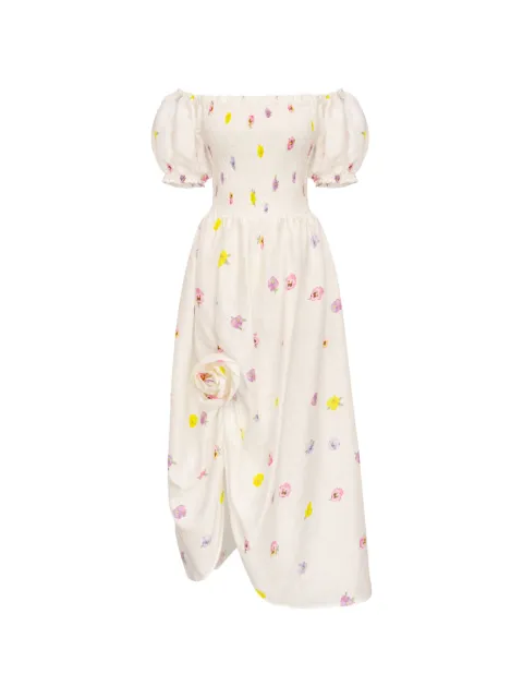 Sleeper Belle floral-print smocked linen midi dress