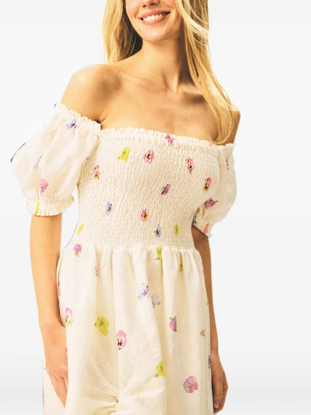 Sleeper Belle gesmockte linnen midi-jurk met bloemenprint Wit