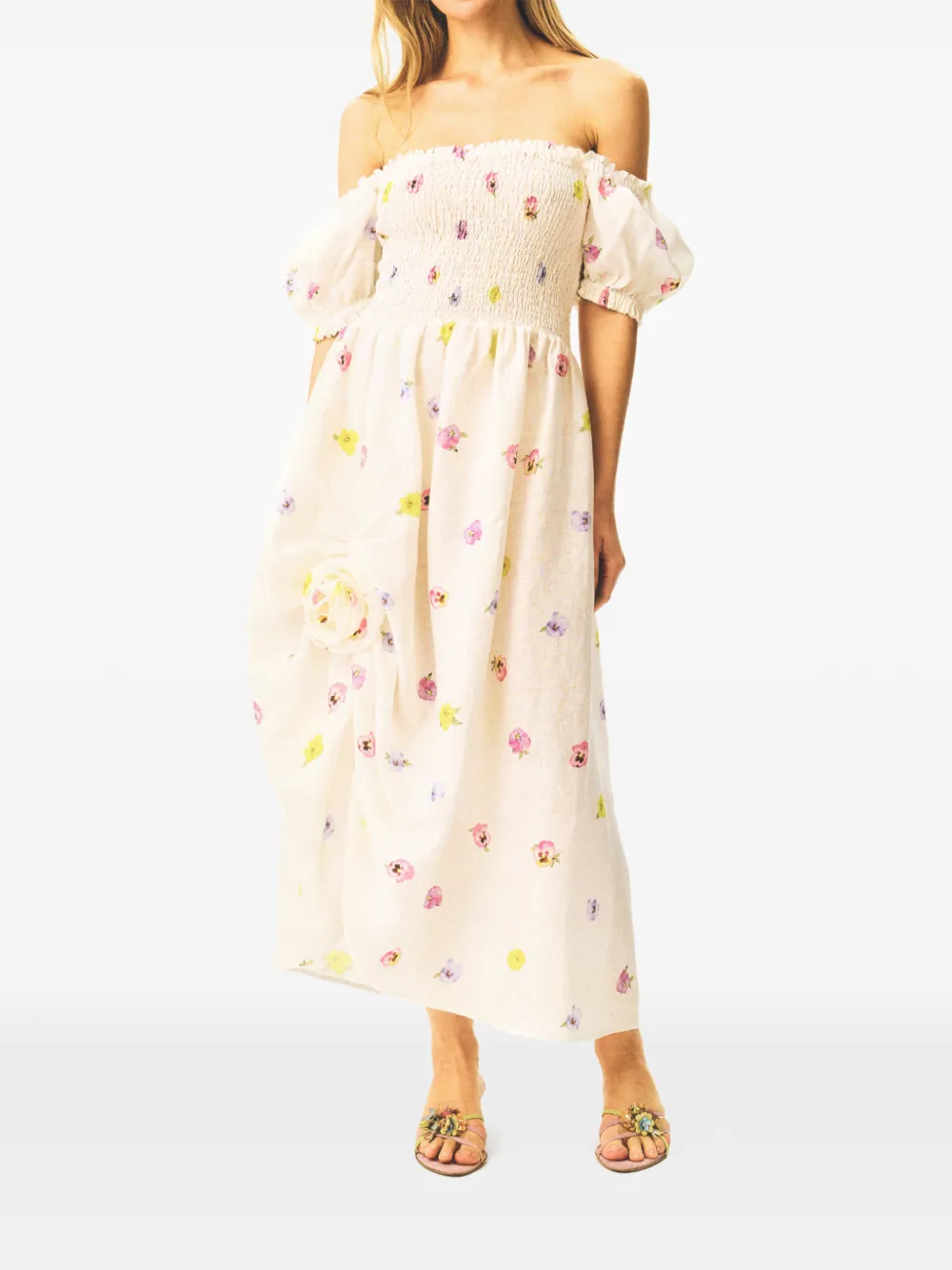 Sleeper Belle gesmockte linnen midi-jurk met bloemenprint Wit