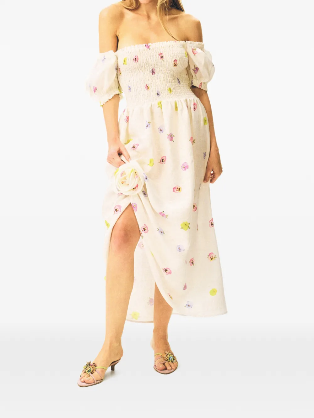 Sleeper Belle gesmockte linnen midi-jurk met bloemenprint Wit