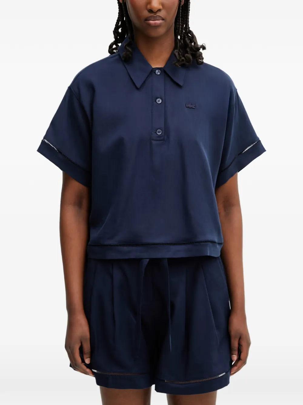 Lacoste Logo-patch Open-work Polo Shirt In Blue