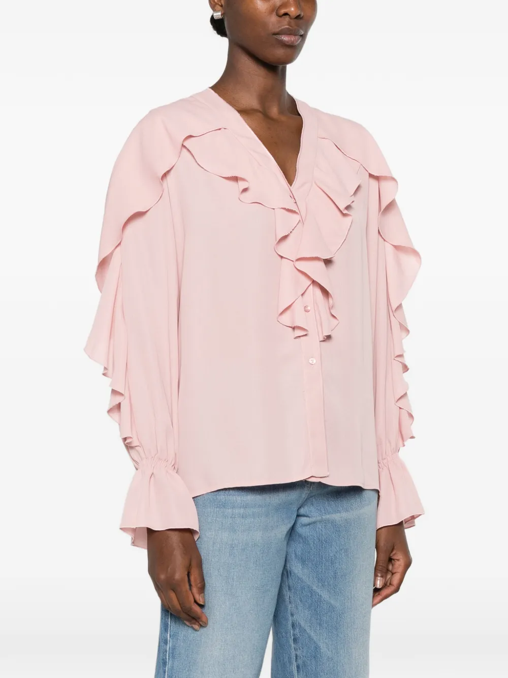 CARLA G. Erug blouse met ruches en V-hals Roze