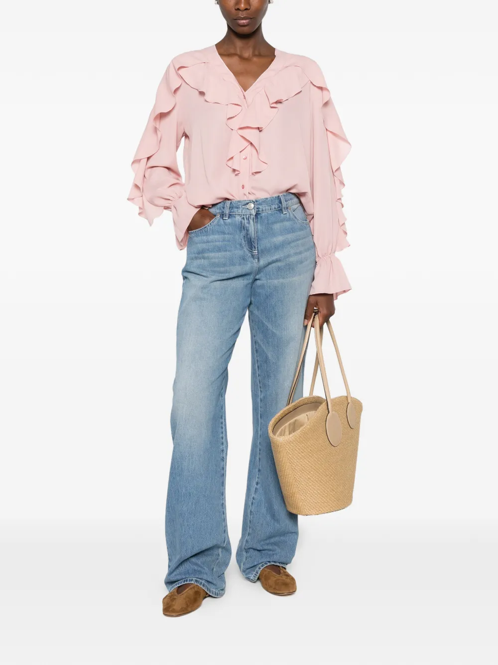 CARLA G. Erug blouse met ruches en V-hals Roze