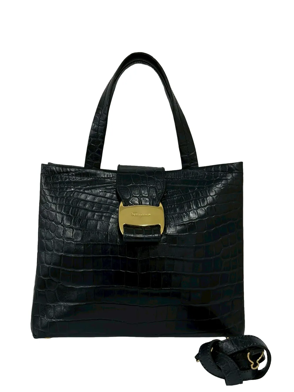 Ferragamo Pre-Owned 2010-2026 Croc Embossed Leather Vara Bow satchel - Nero