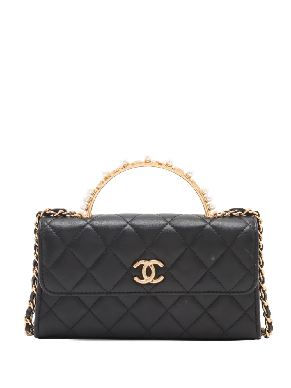 CHANEL Pre-Owned 2021-2026 CC Quilted Lambskin Faux Pearl Top Handle Phone Holder with Chain satchel - Nero