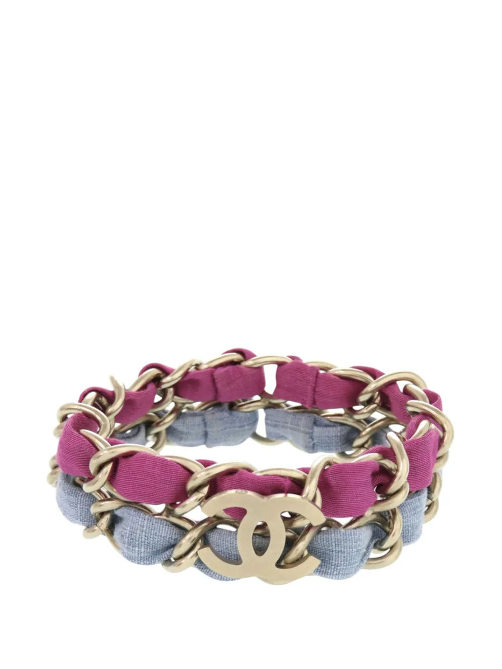 Pre-owned Chanel 2009 Cc Brass And Fabric Woven Double Bracelet Costume Bracelet In Multi