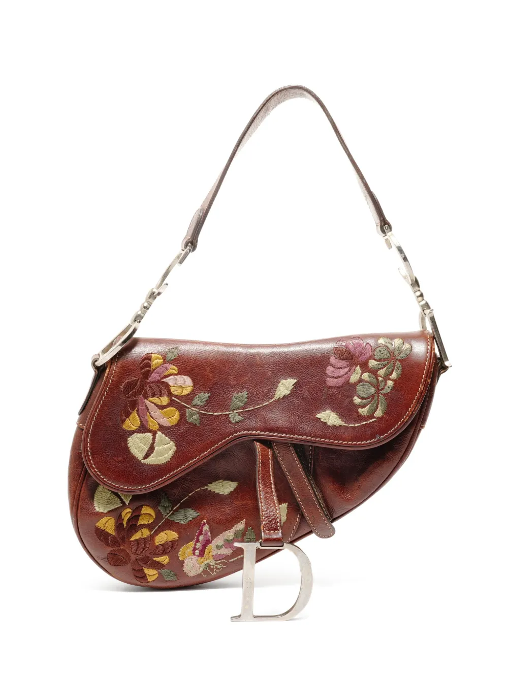 Christian Dior Pre-Owned 2005 floral-embroidered Saddle handbag - Brown