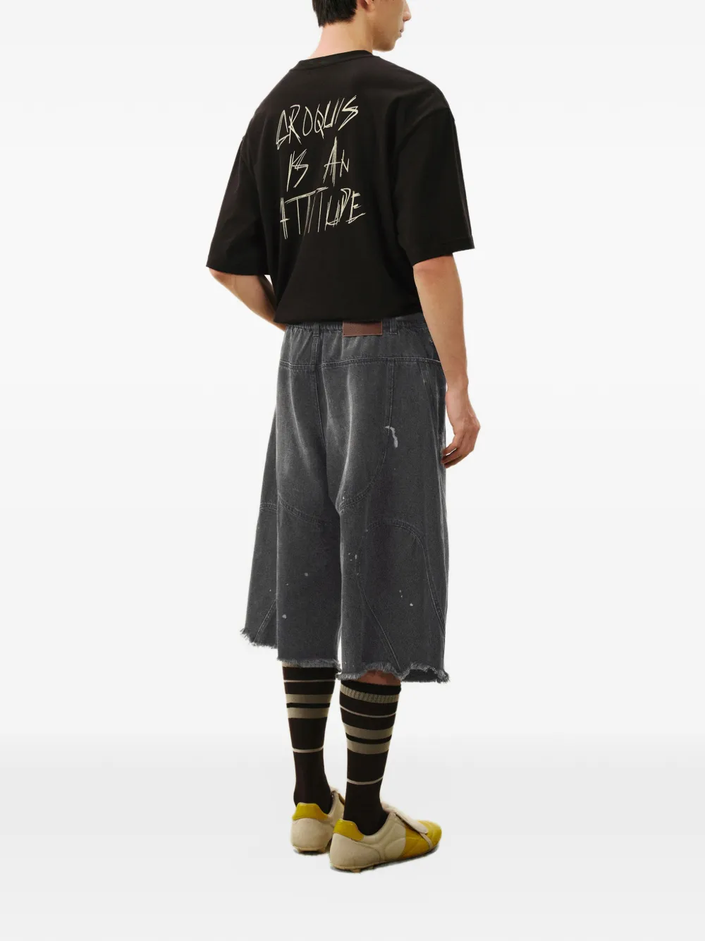 CROQUIS Denim shorts met franje en verfspatten Zwart