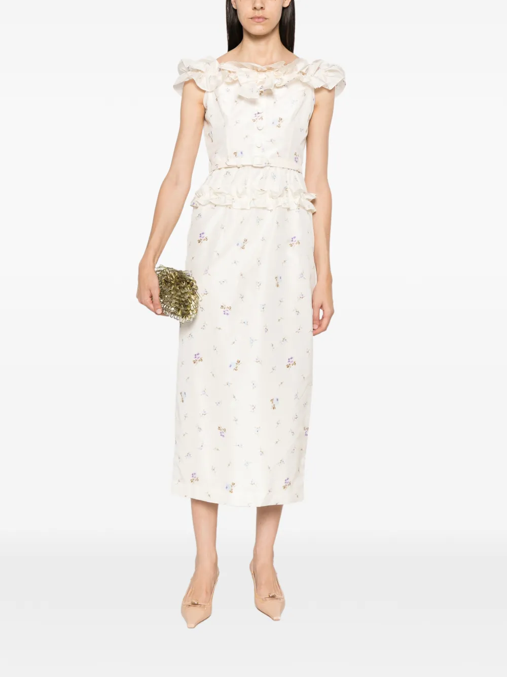 Alessandra Rich Floral-print Silk Taffeta Off-shoulder Dress in Neutrals, view 2