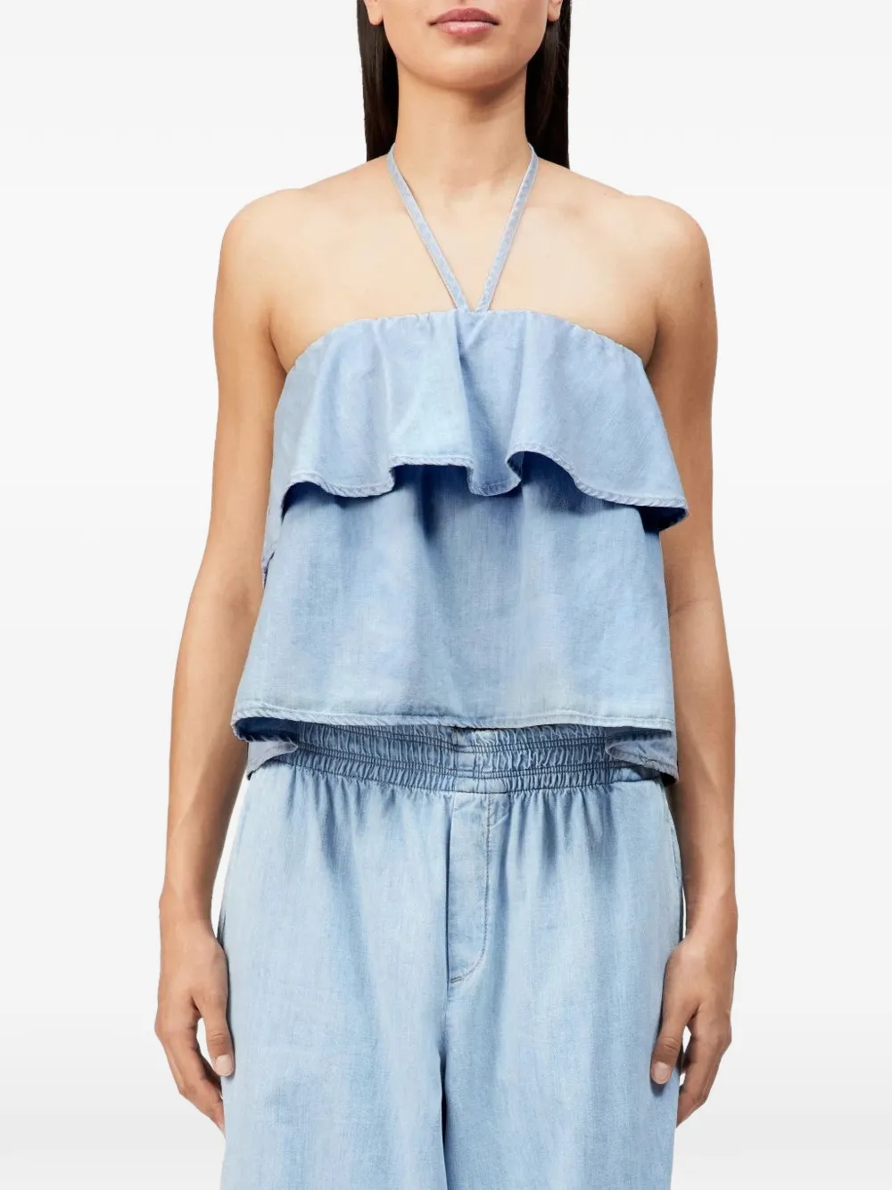 Drykorn Blouse met halternek en ruches Blauw