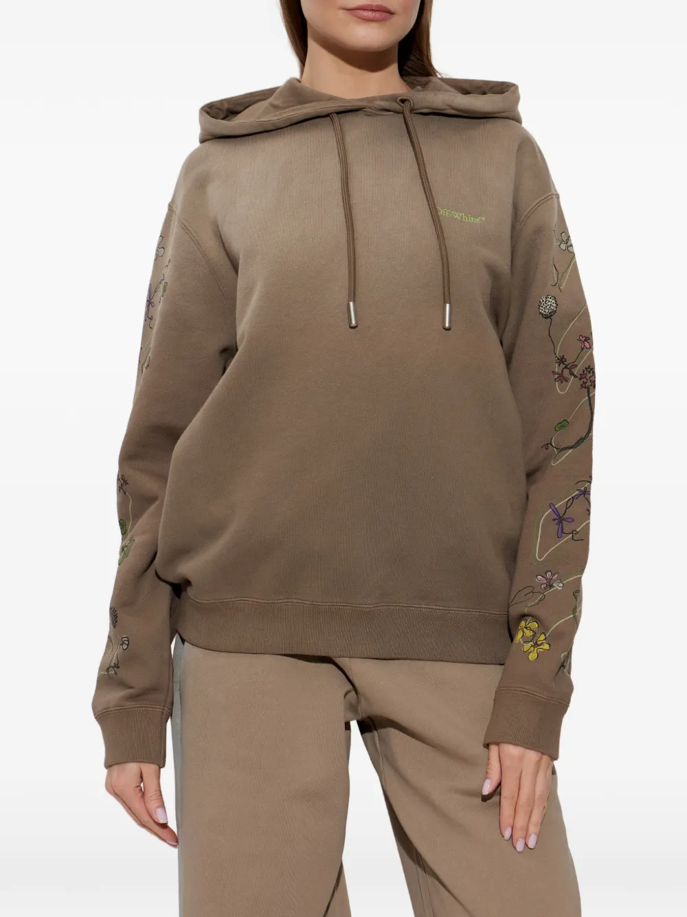 Off-White Hoodie met geborduurde bloemen Bruin