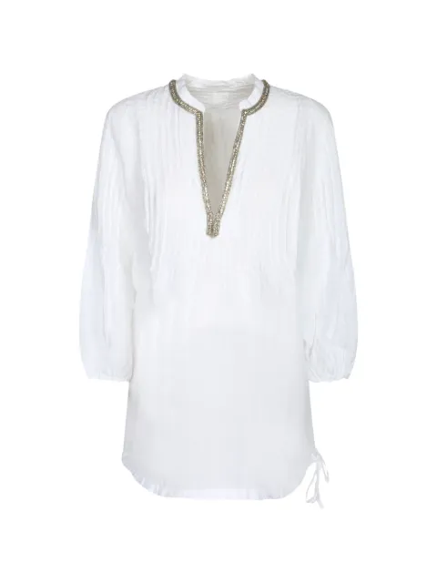 120% Lino Blusa com detalhe de nervuras e aplicação
