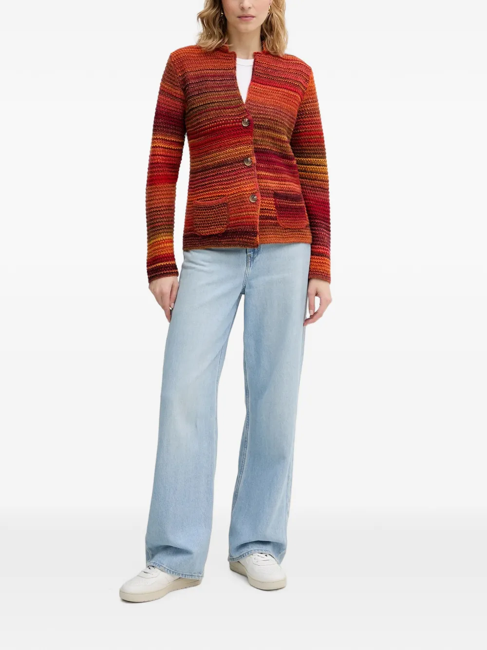 Benetton Gestreept gebreid vest met knopen Rood
