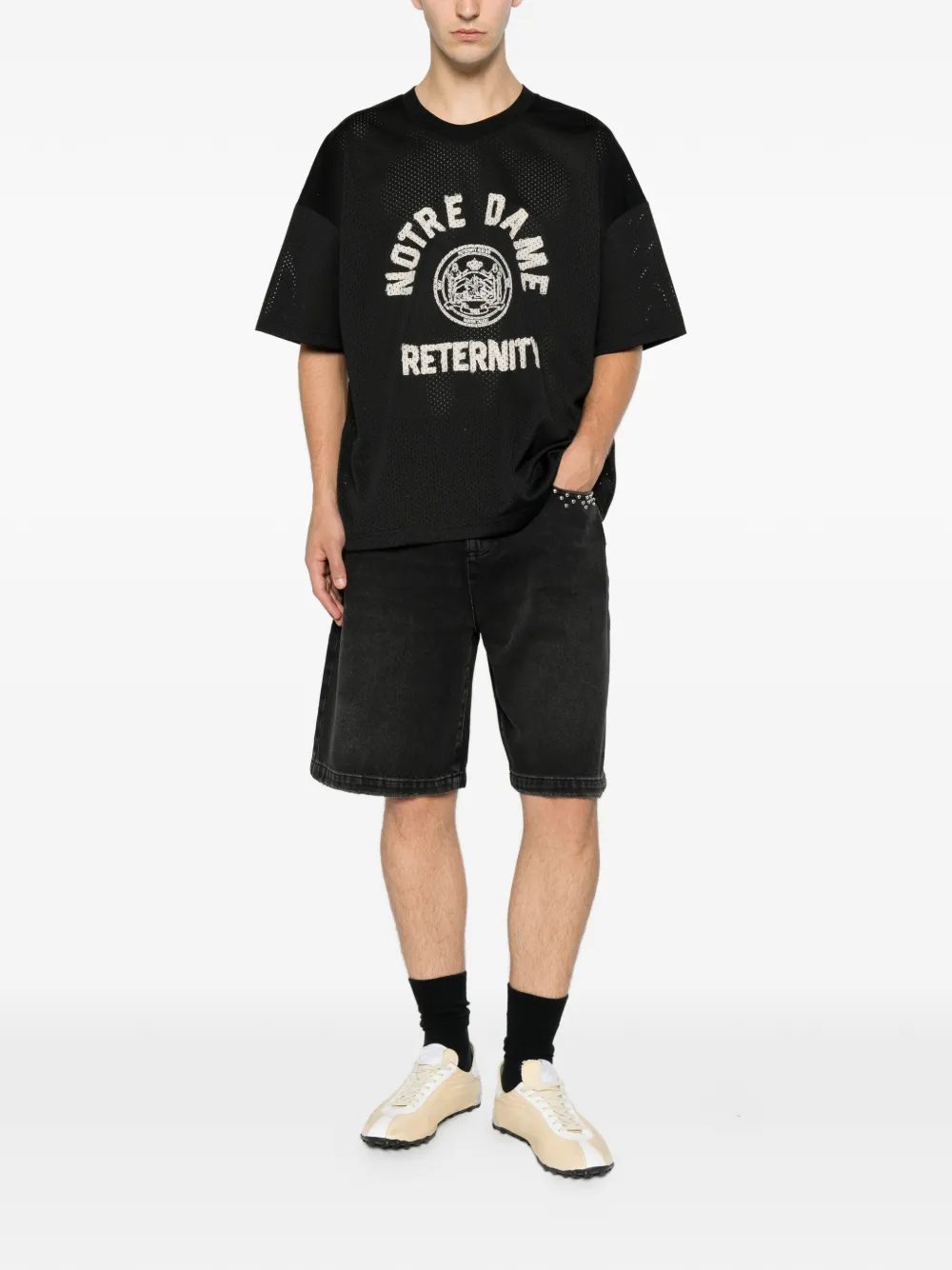 RETERNITY Notre Dame logoprinten mesh T-shirt Zwart