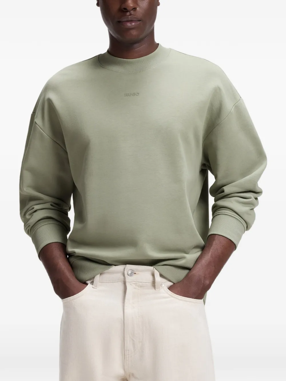 HUGO Sweater met logo-reliëf en verlaagde schouders Groen