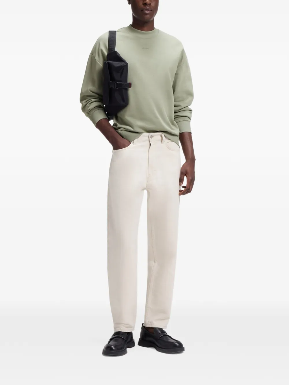HUGO Sweater met logo-reliëf en verlaagde schouders Groen