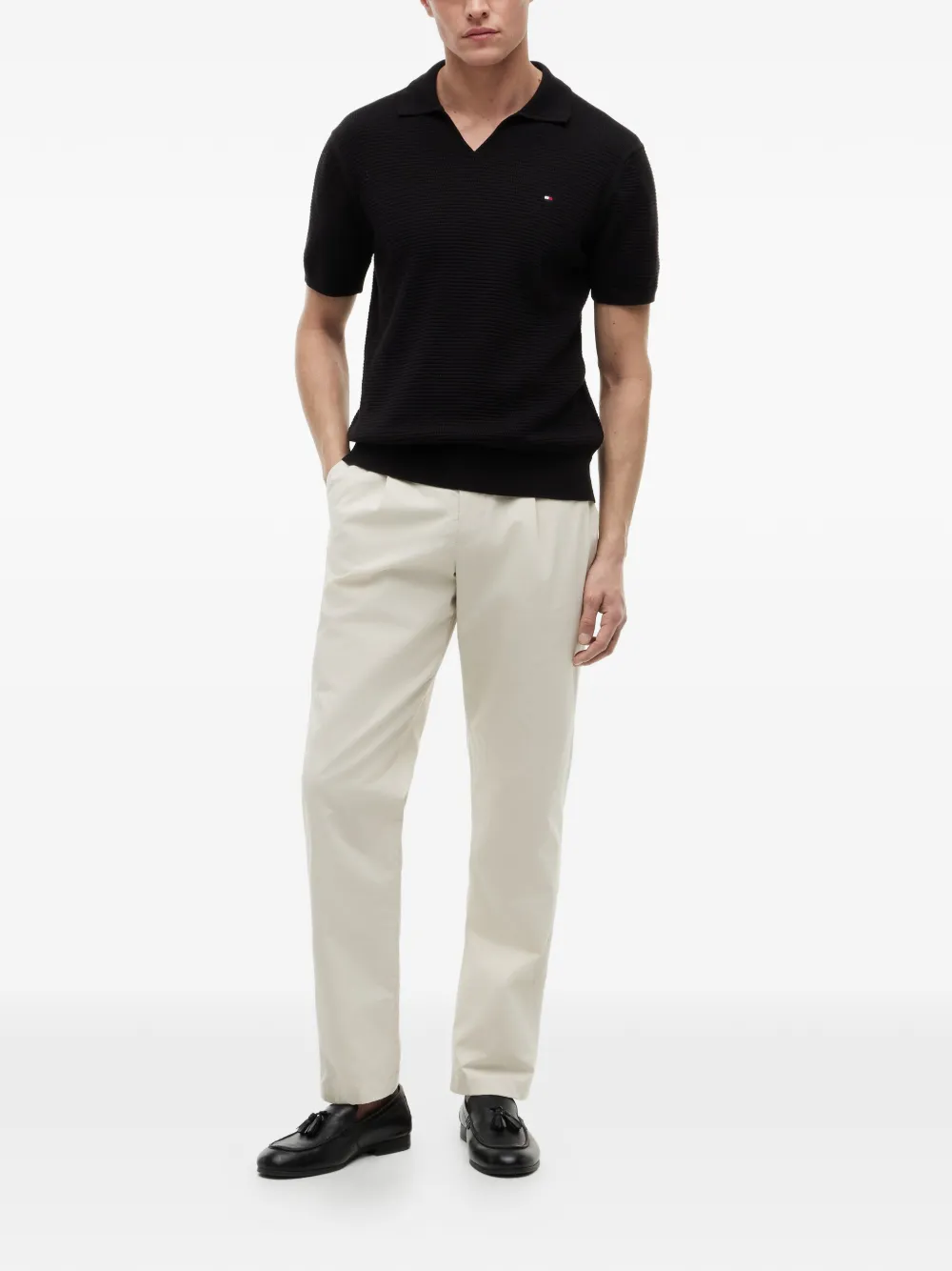 Tommy Hilfiger Wafelgebreid T-shirt met V-hals Zwart
