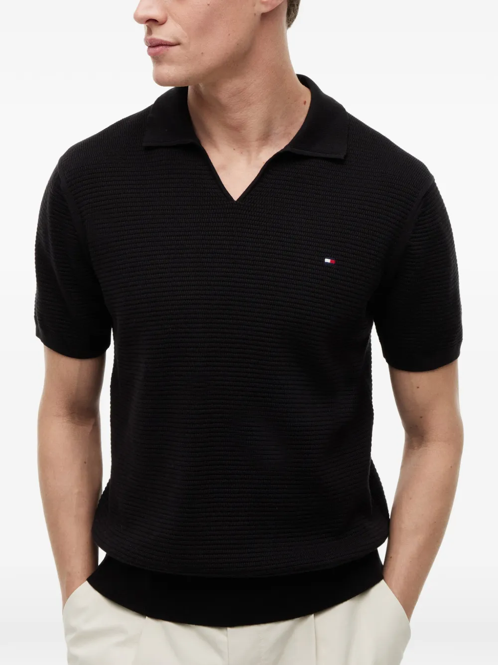Tommy Hilfiger Wafelgebreid T-shirt met V-hals Zwart