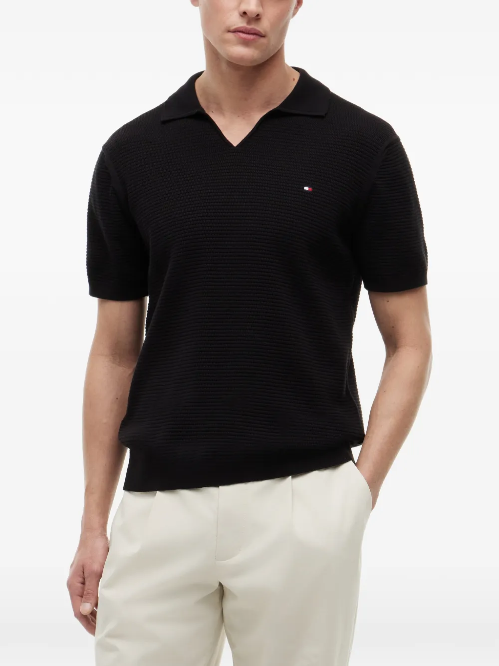 Tommy Hilfiger Wafelgebreid T-shirt met V-hals Zwart