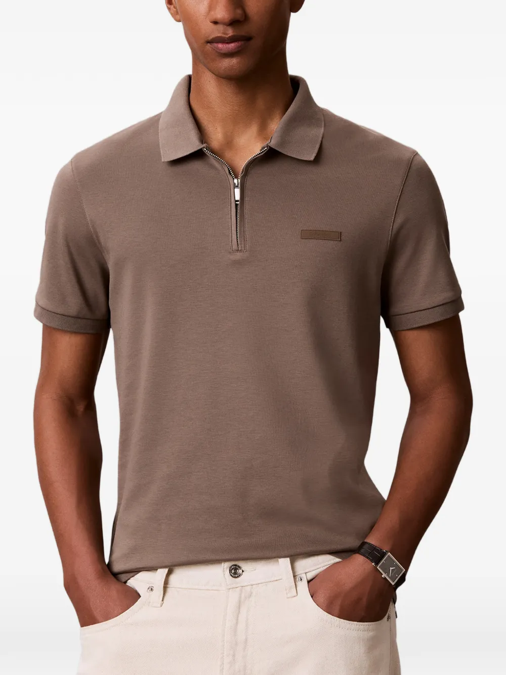 Calvin Klein Poloshirt met logopatch en rits Bruin