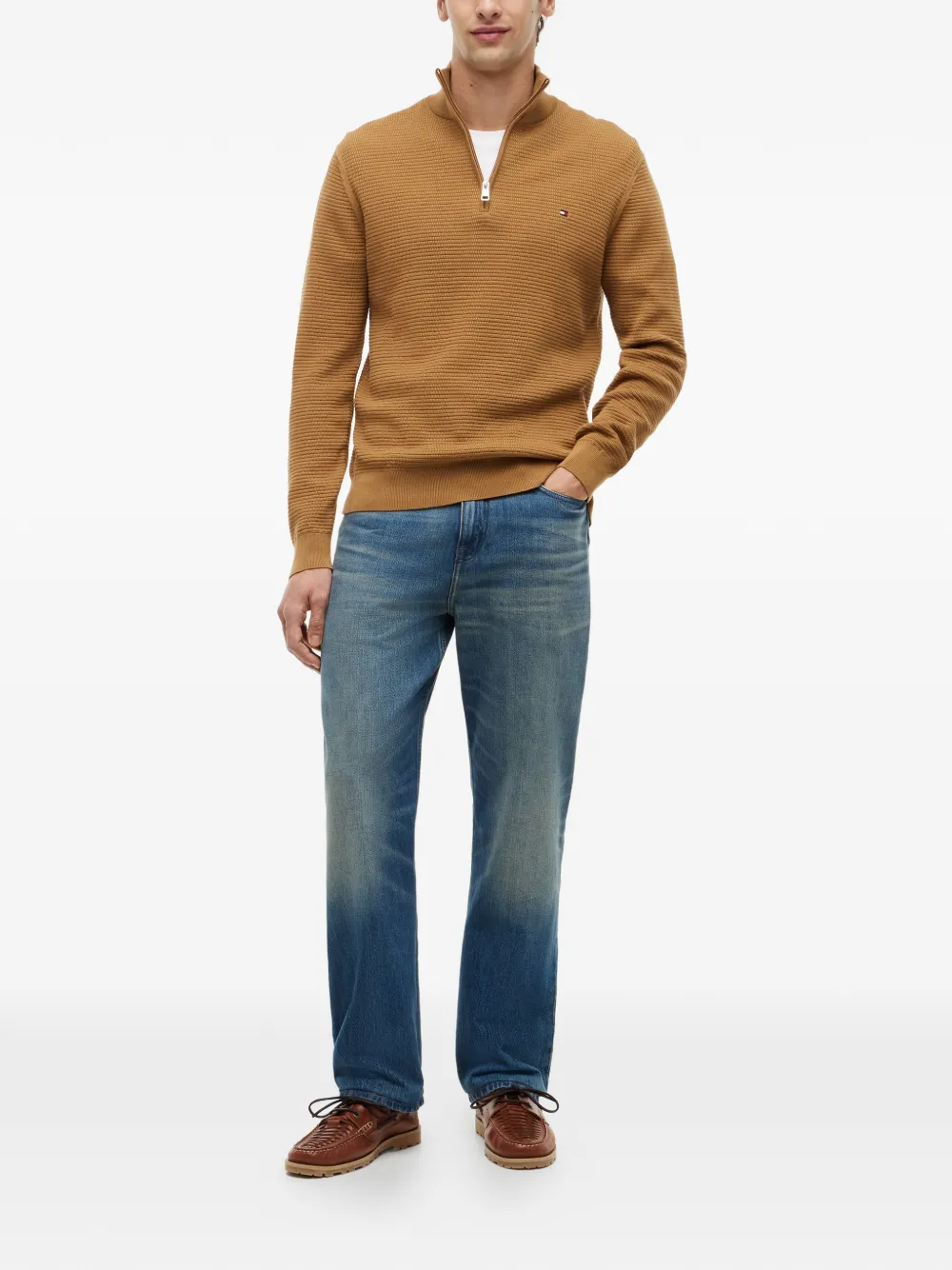 Tommy Hilfiger Trui met kwartrits en textuur Bruin