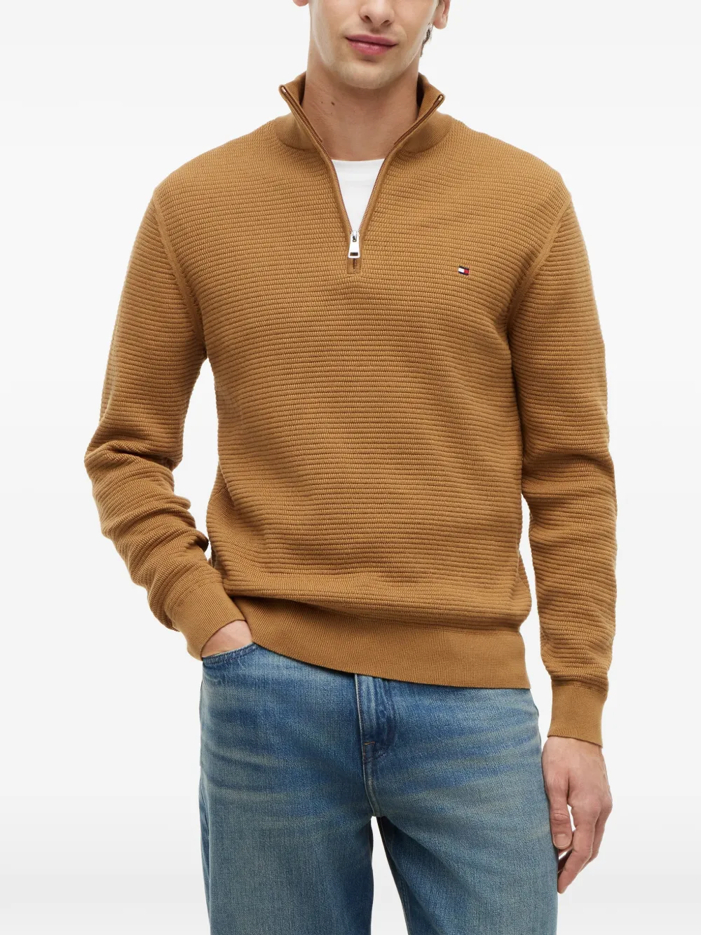 Tommy Hilfiger Trui met kwartrits en textuur Bruin