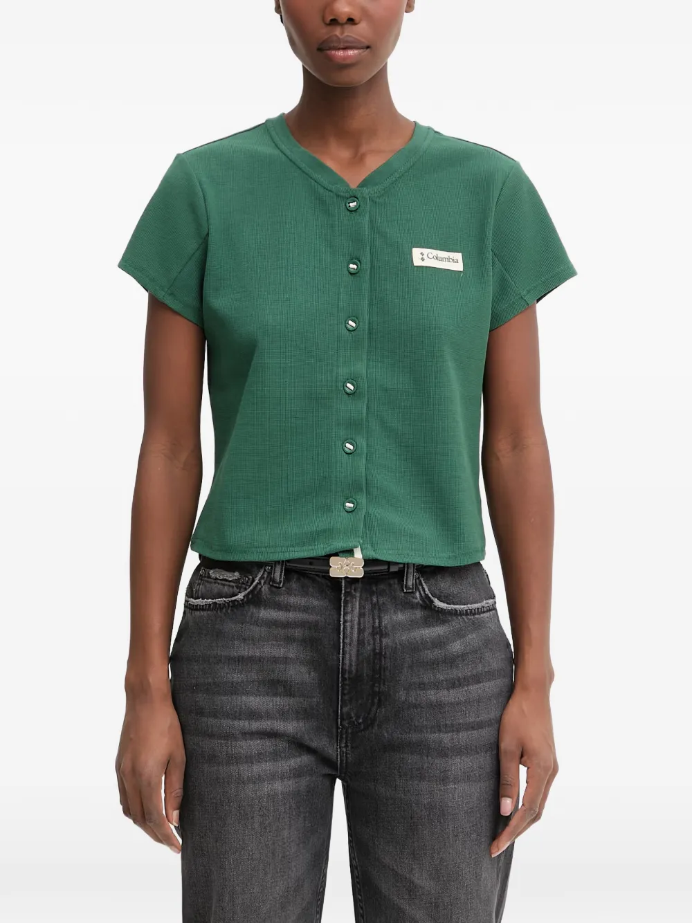 Columbia Acker Rock Waffle-knit Logo-patch T-shirt In Green