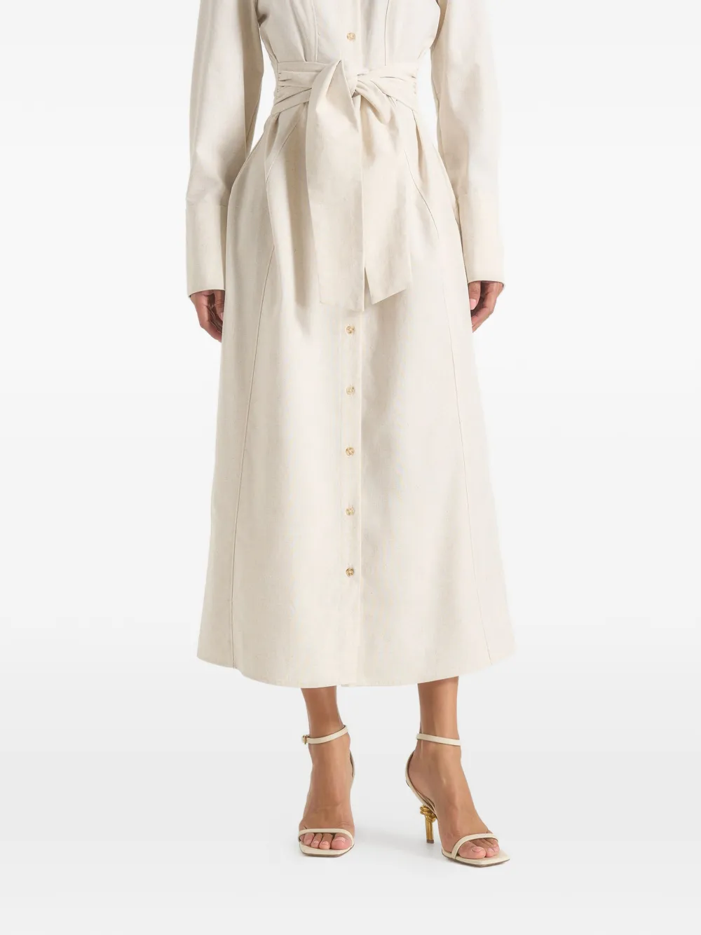 Manière De Voir Fern linnen midi-blousejurk met stropdas taille Beige