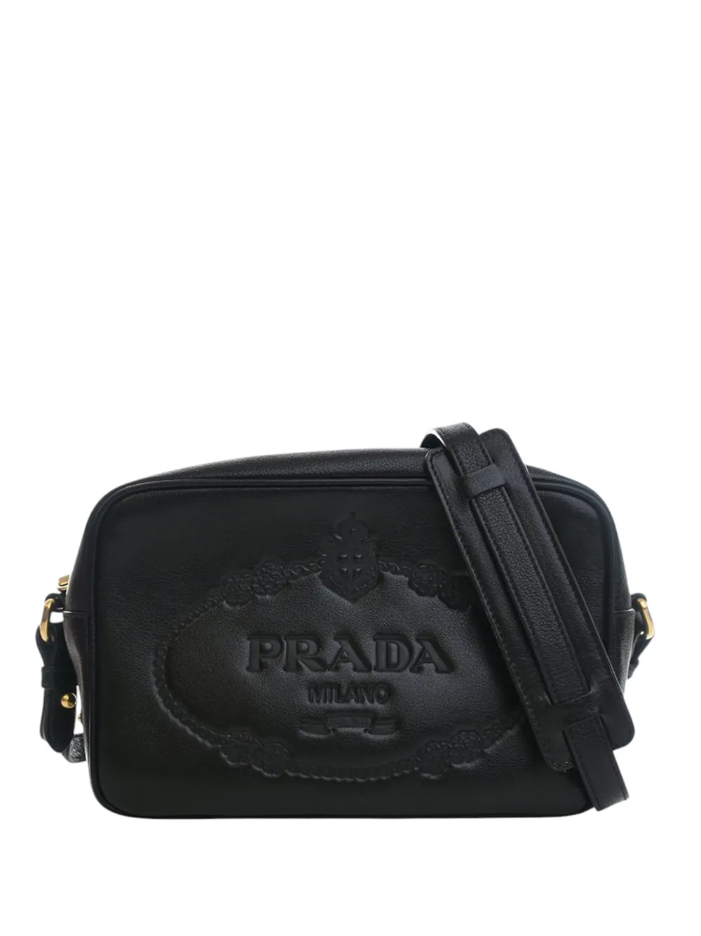 Pre-owned Prada 2013-2026 Small Embossed Calfskin Canapa Logo Camera Bag Crossbody Bag In Black