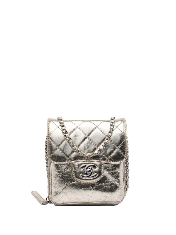 Chanel Pre-owned 2012 Quilted Metallic Aged Calfskin Clams Wallet on Chain Crossbody Bag in Gold