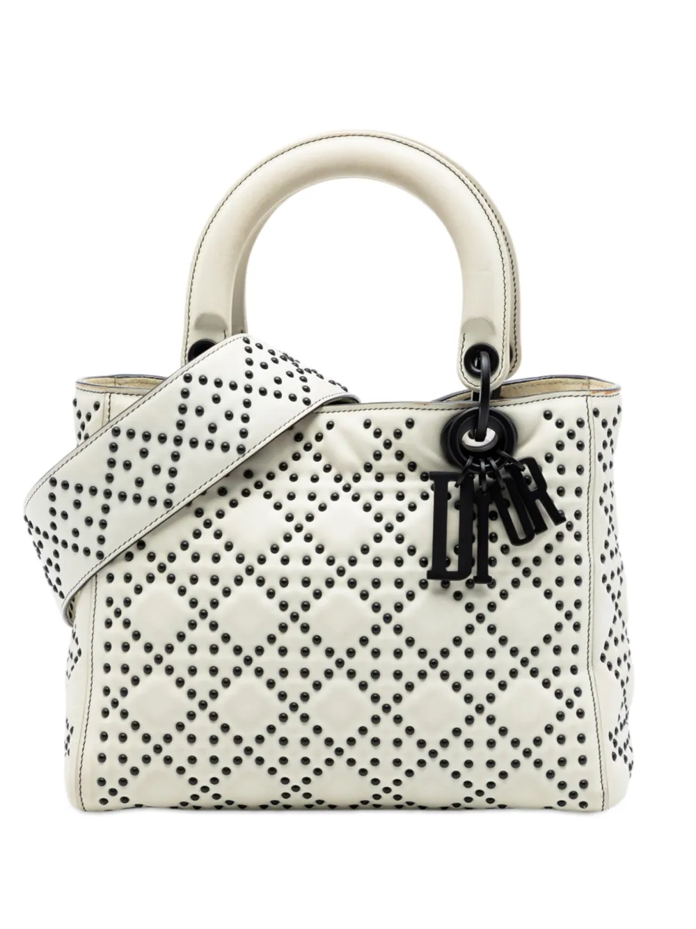 Christian Dior Pre-Owned 2018 Medium Lambskin Cannage Studded Supple Lady Dior satchel - Bianco