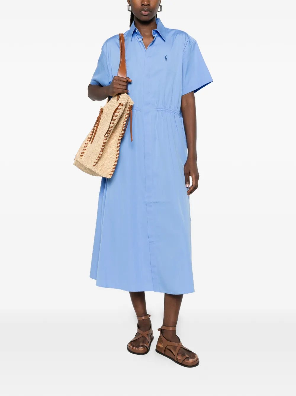 Polo Ralph Lauren Midi-blousejurk met geborduurd logo en trekkoordtaille Blauw