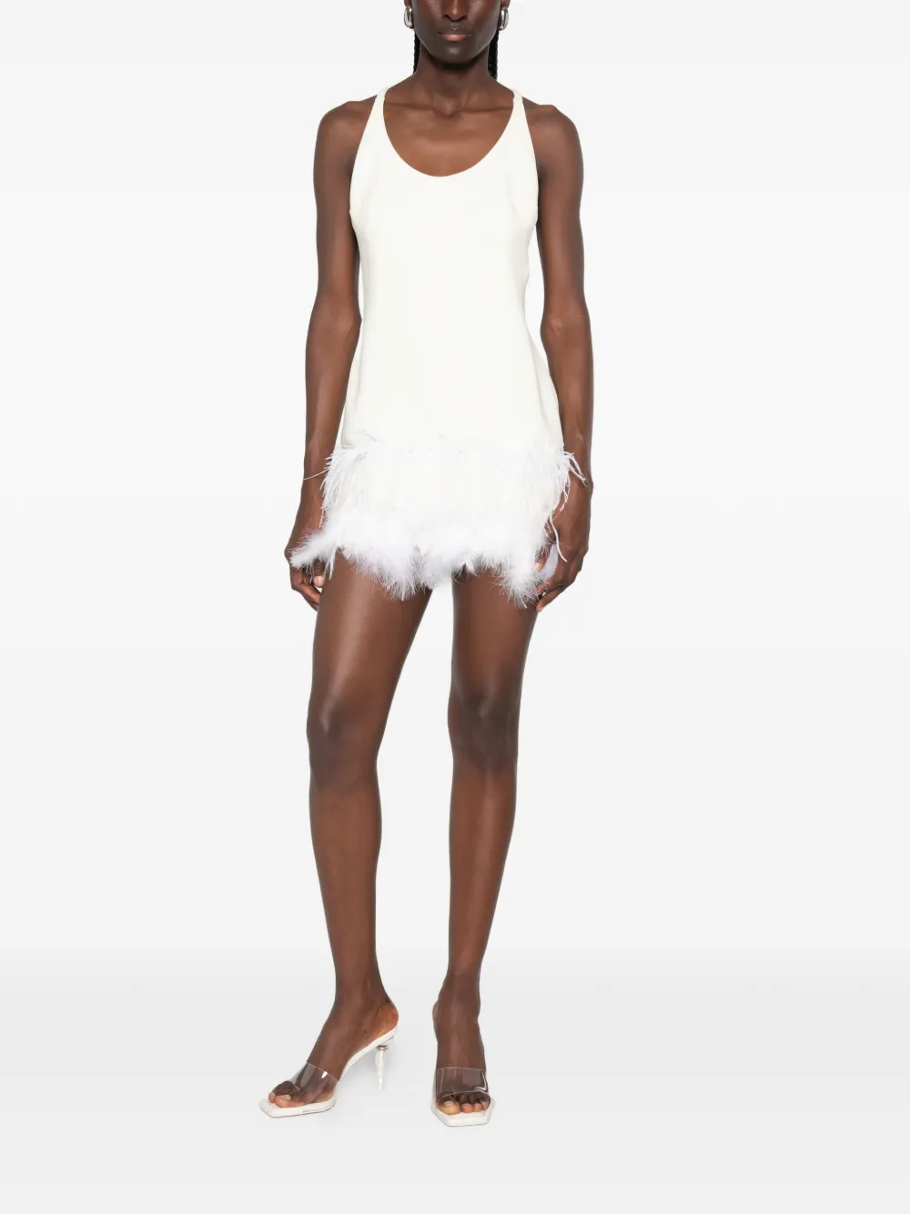 Vestiaire d'un Oiseau Libre Jurk met open achterkant en veren afwerking Beige
