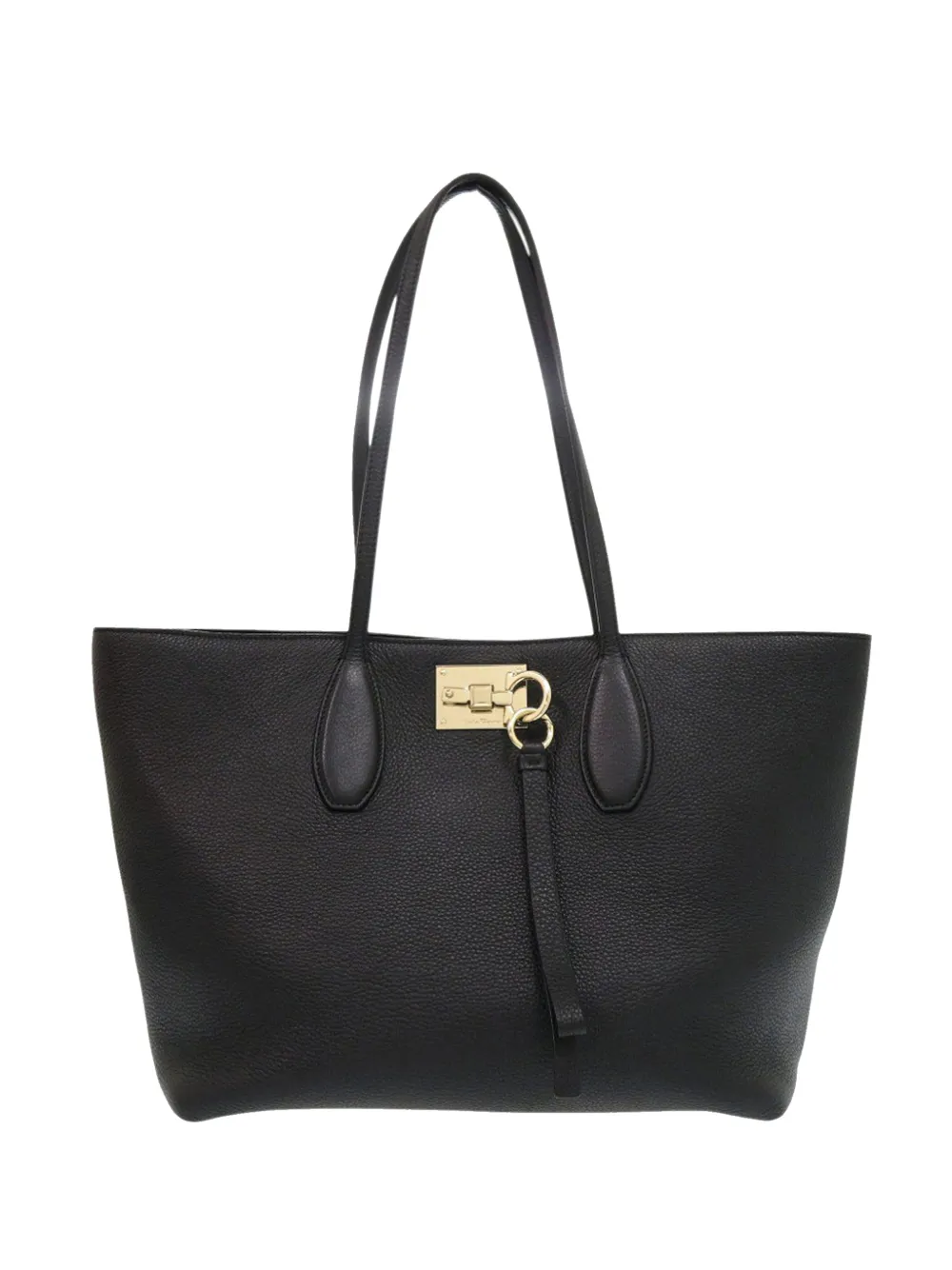 Pre-owned Ferragamo 2018 Grained Calfskin Studded Gancini Tote Bag In Black